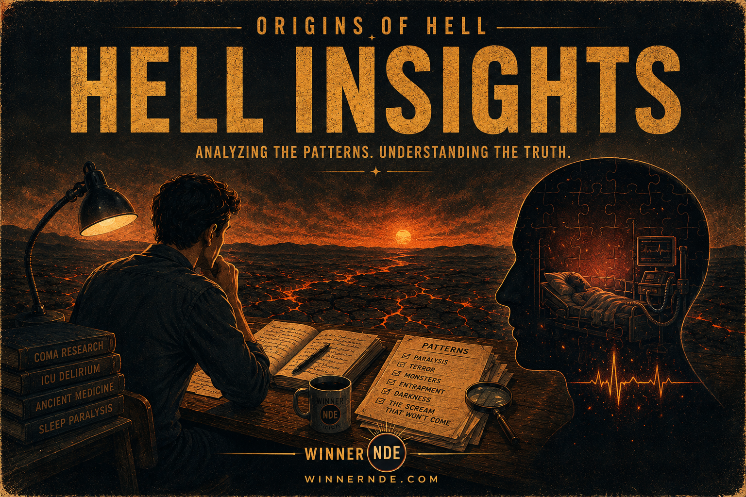 Illustrated banner in a vintage poster style: a researcher seen from behind at a lamplit desk, studying a cracked landscape of dark earth veined with glowing amber fissures beneath an ember sun. Books on the desk read Coma Research, ICU Delirium, Ancient Medicine, and Sleep Paralysis. A page headed Patterns lists paralysis, terror, monsters, entrapment, darkness, and the scream that won't come. At right, a human head in profile contains a hospital bed with a ventilator and a heart-rate monitor. Text reads Origins of Hell — Hell Insights — Analyzing the patterns. Understanding the truth.