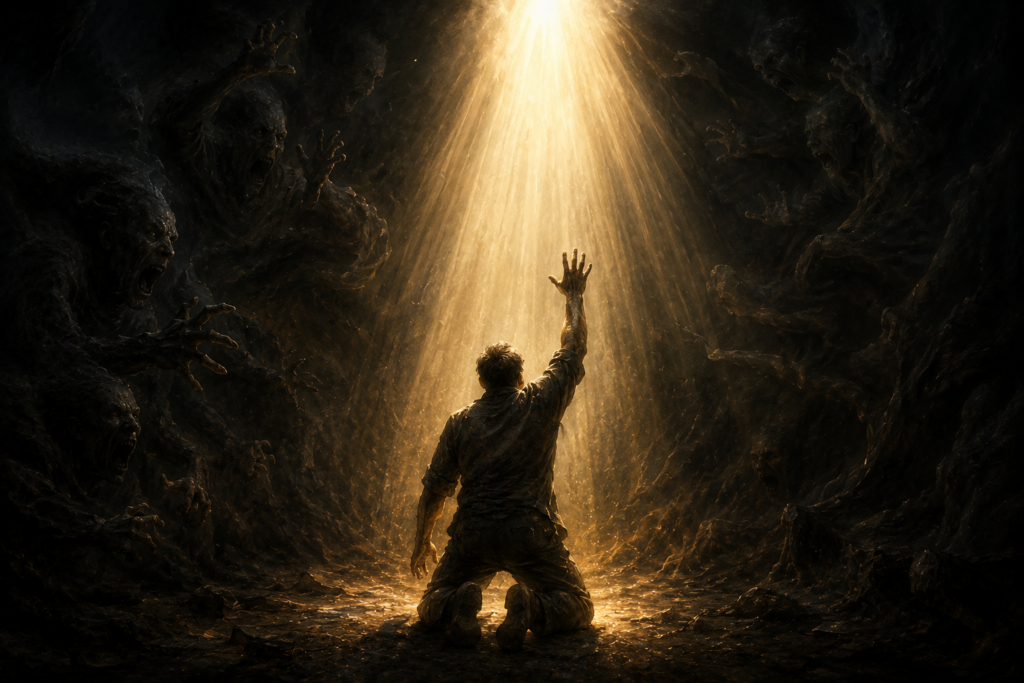 hellish NDEs the moment of conversion man reaching up as light breaks through darkness