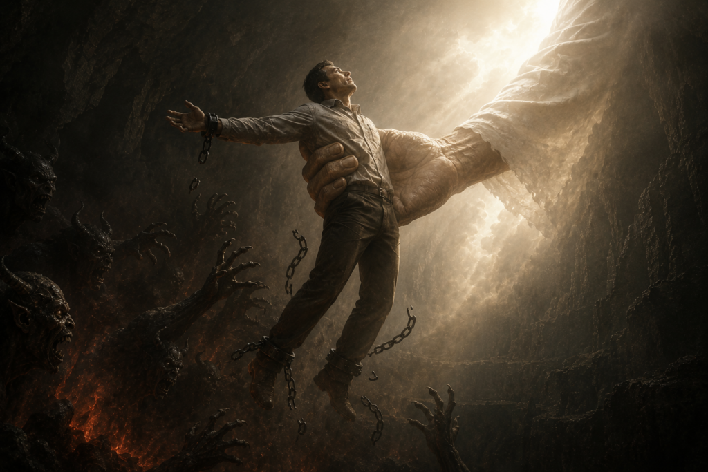 Another welded NDE depicted as a man being freed from chains and lifted from a dark cavern by the hand of God