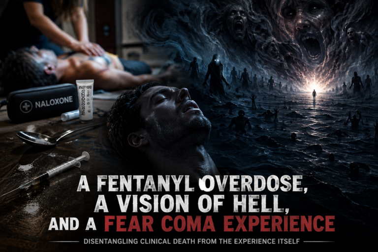 A fentanyl overdose victim being resuscitated beside a dark vision of hell, illustrating a Fear Coma Experience