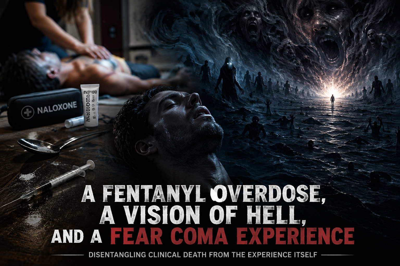 A fentanyl overdose victim being resuscitated beside a dark vision of hell, illustrating a Fear Coma Experience