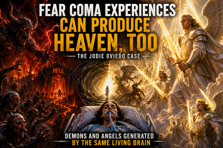 Fear Coma Experience showing Jodie Oviedo in a medically induced coma with demons, hell and protective angels with golden swords