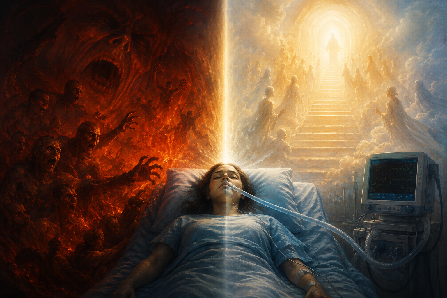Illustration of a Welded NDE showing a prolonged coma with terrifying distress transitioning into a classical near-death experience with light, symbolizing a documented case combining both phenomena.