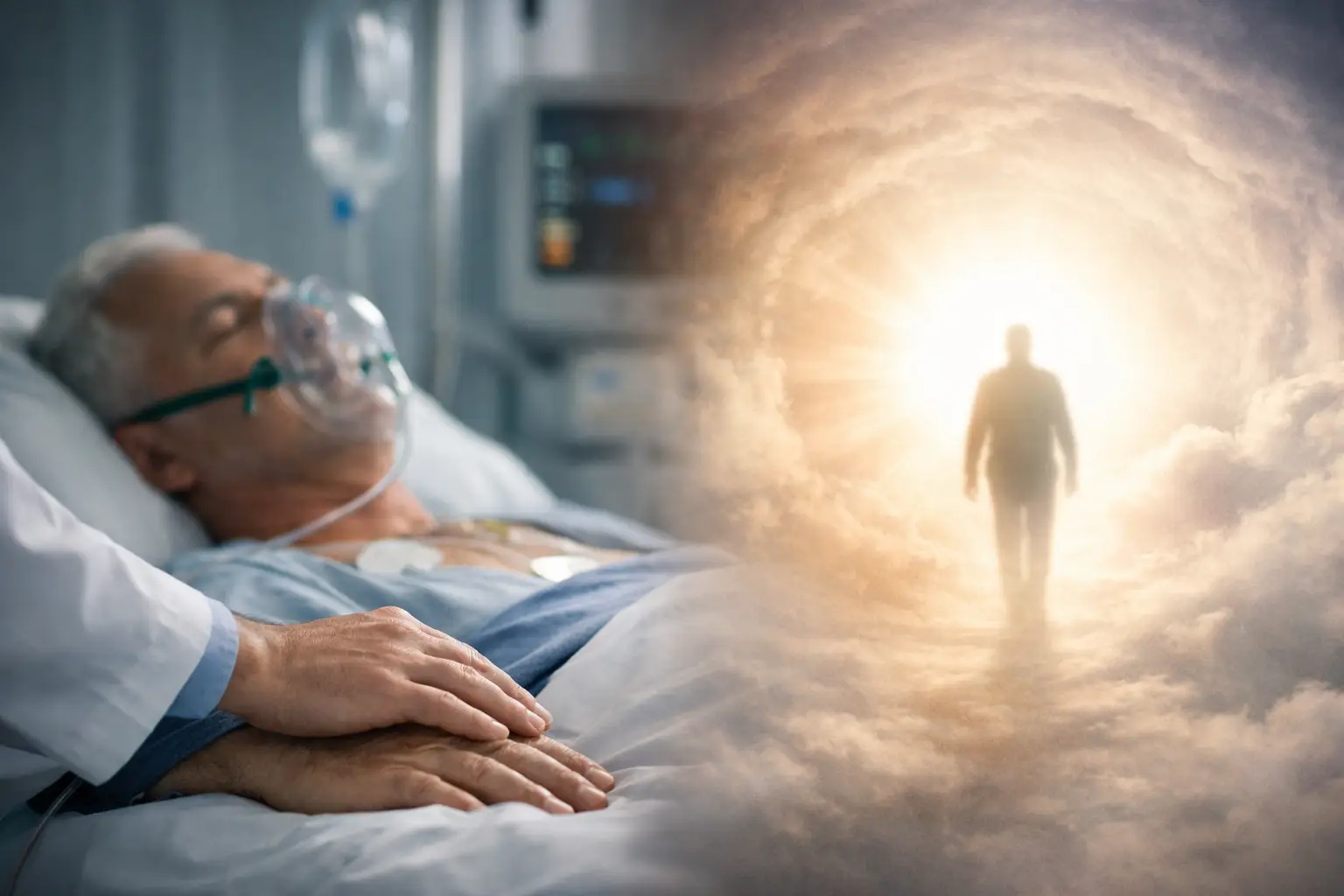 Near-death experience evidence showing verified out-of-body perception during clinical death, with a patient observing hospital resuscitation from above.