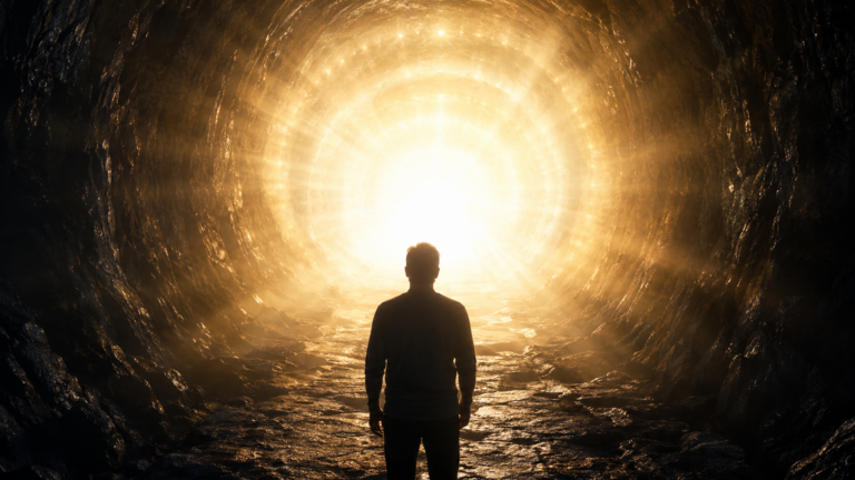 Bright white and golden source energy light at the end of a tunnel described by near-death experiencers
