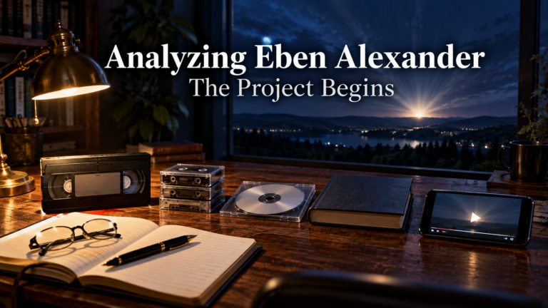 Analyzing Eben Alexander, The Project Begins: an investigator's desk at night with a VHS tape, cassettes, a DVD, a book, and a smartphone lined up in chronological order for a Welded NDE analysis of Eben Alexander's near-death experience