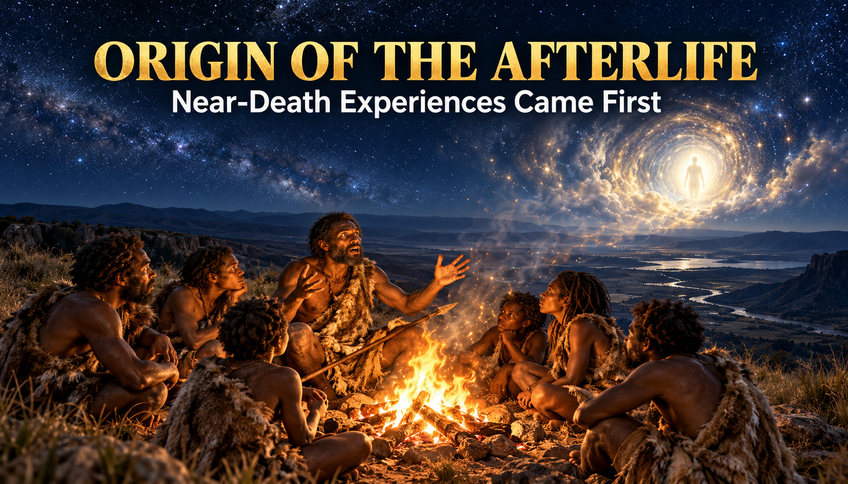 Origin of the afterlife, an ancient clan around a campfire listening to a near-death experience beneath a starfield