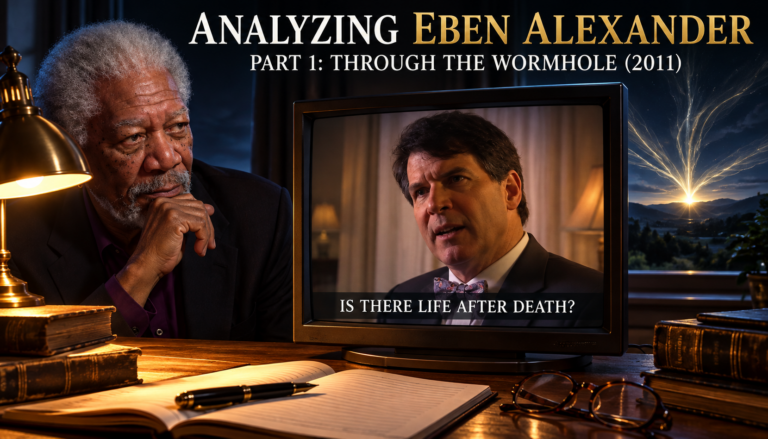 Analyzing Eben Alexander, Part 1: Through the Wormhole (2011): Eben Alexander on a television screen in the Is There Life After Death? episode, with Morgan Freeman watching, on an investigator's desk at night