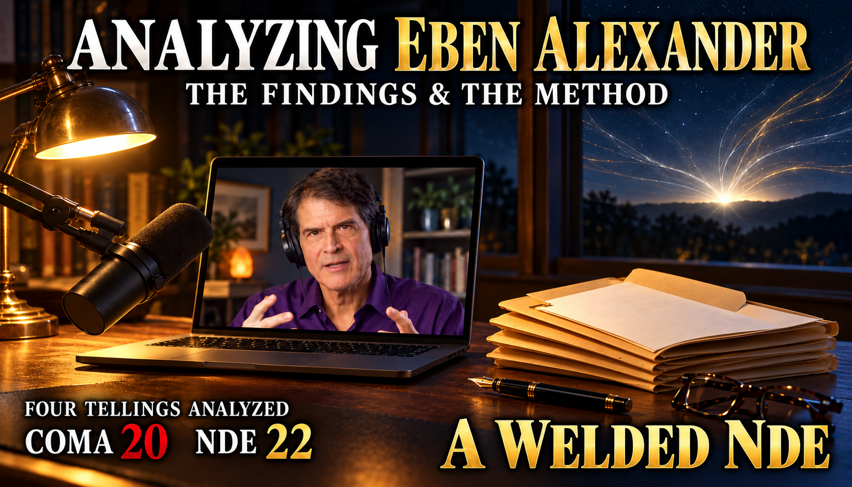 Eben Alexander on a laptop at an investigator’s desk, with text identifying 20 coma elements, 22 NDE elements, and a Welded NDE.