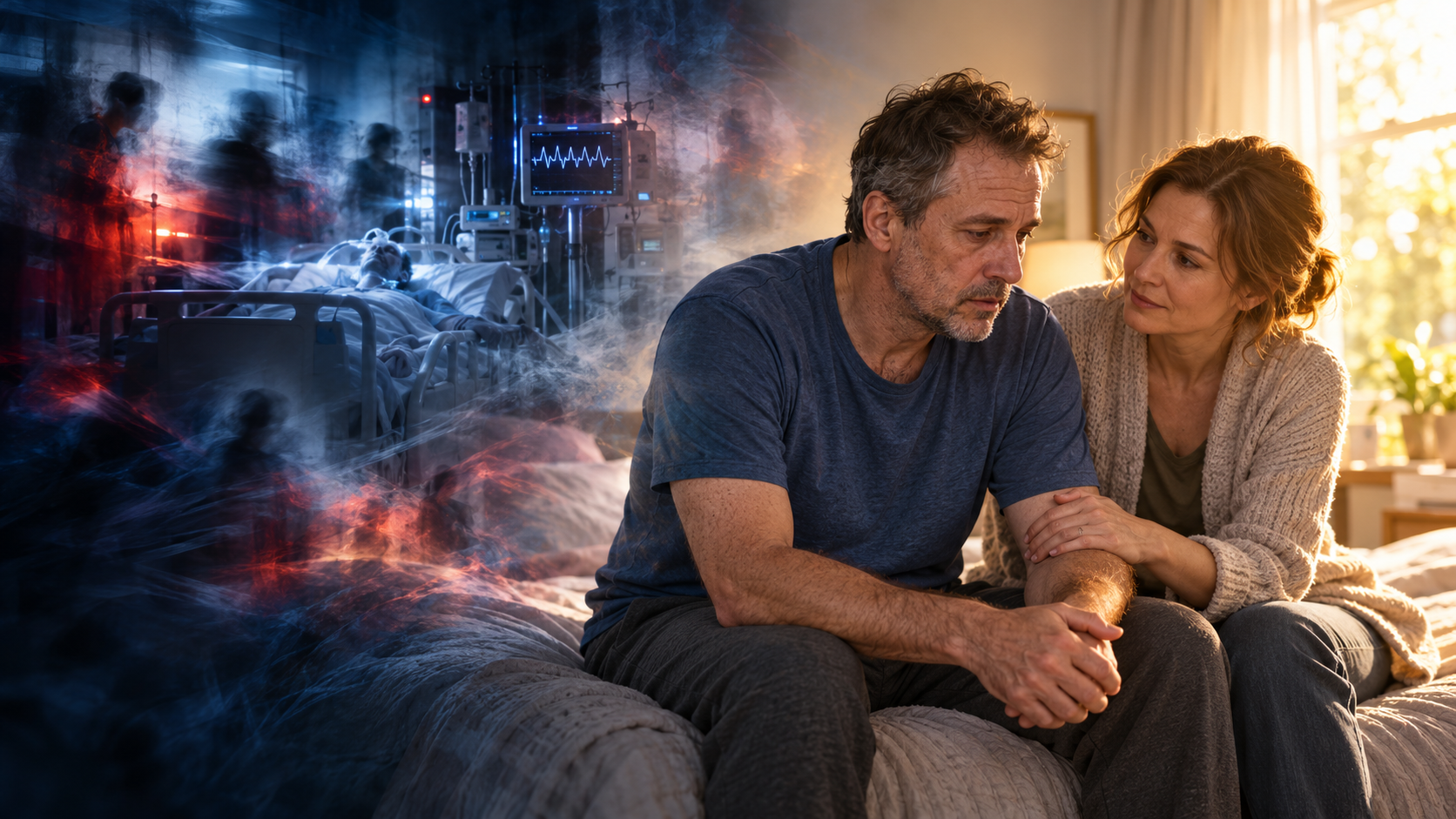 A distressed ICU survivor comforted by a loved one, with frightening hospital memories fading into warm daylight.