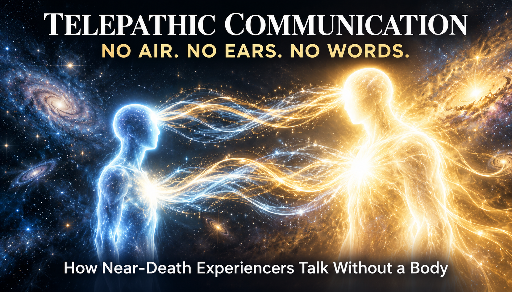 Alt Text: Two luminous figures connected by blue and gold light streams, illustrating telepathic communication in near-death experiences.