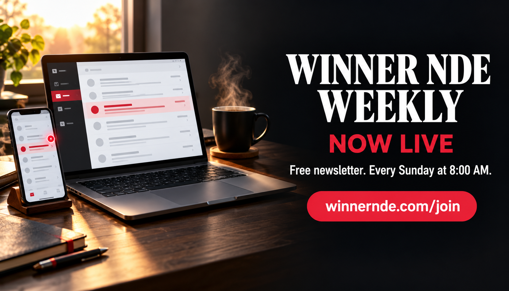 Winner NDE Weekly near-death experience newsletter banner with signup link winnernde.com/join